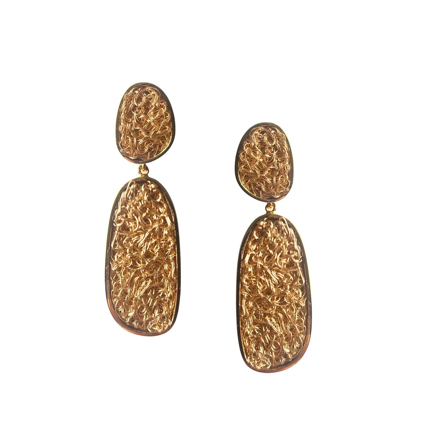 Artisan-crafted dangle earrings featuring delicate gold crochet work 