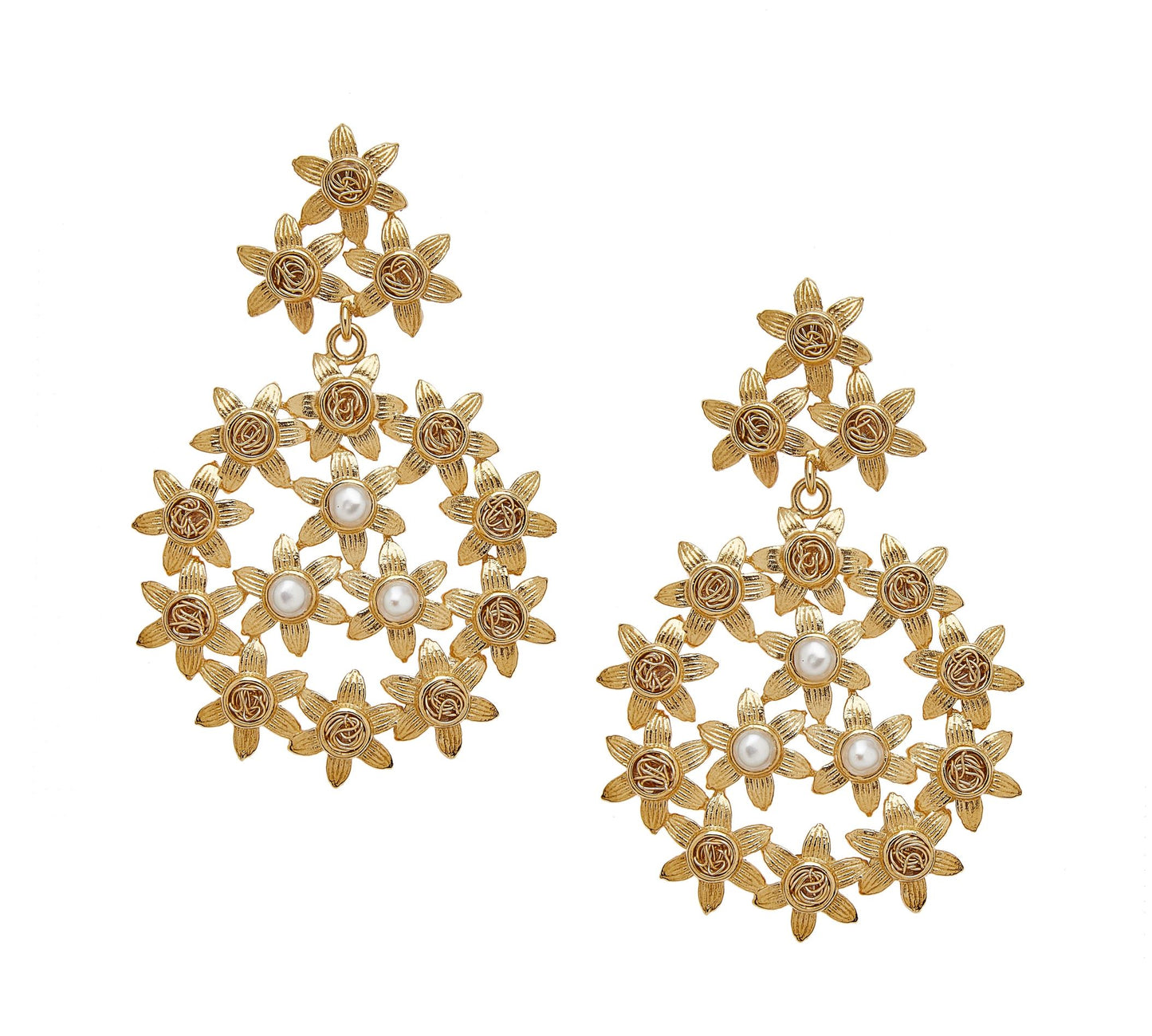 Handmade drop gold pearl earrings showcasing a unique flower pattern.