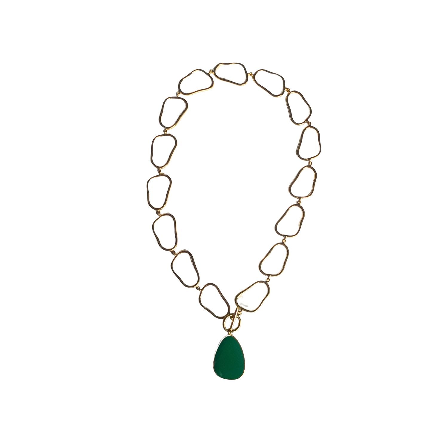 Sleek and contemporary gold/green necklace with a unique pendant, making a statement in modern fashion.