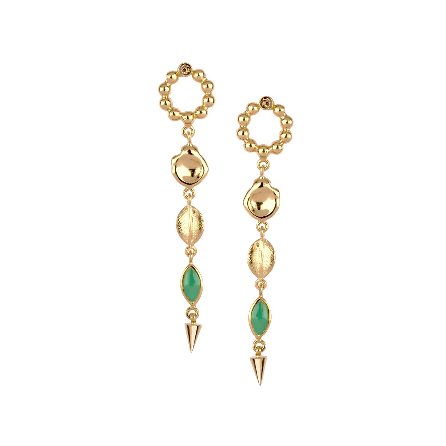 Elongated gold green enamel dangle earrings crafted with meticulous attention to detail.