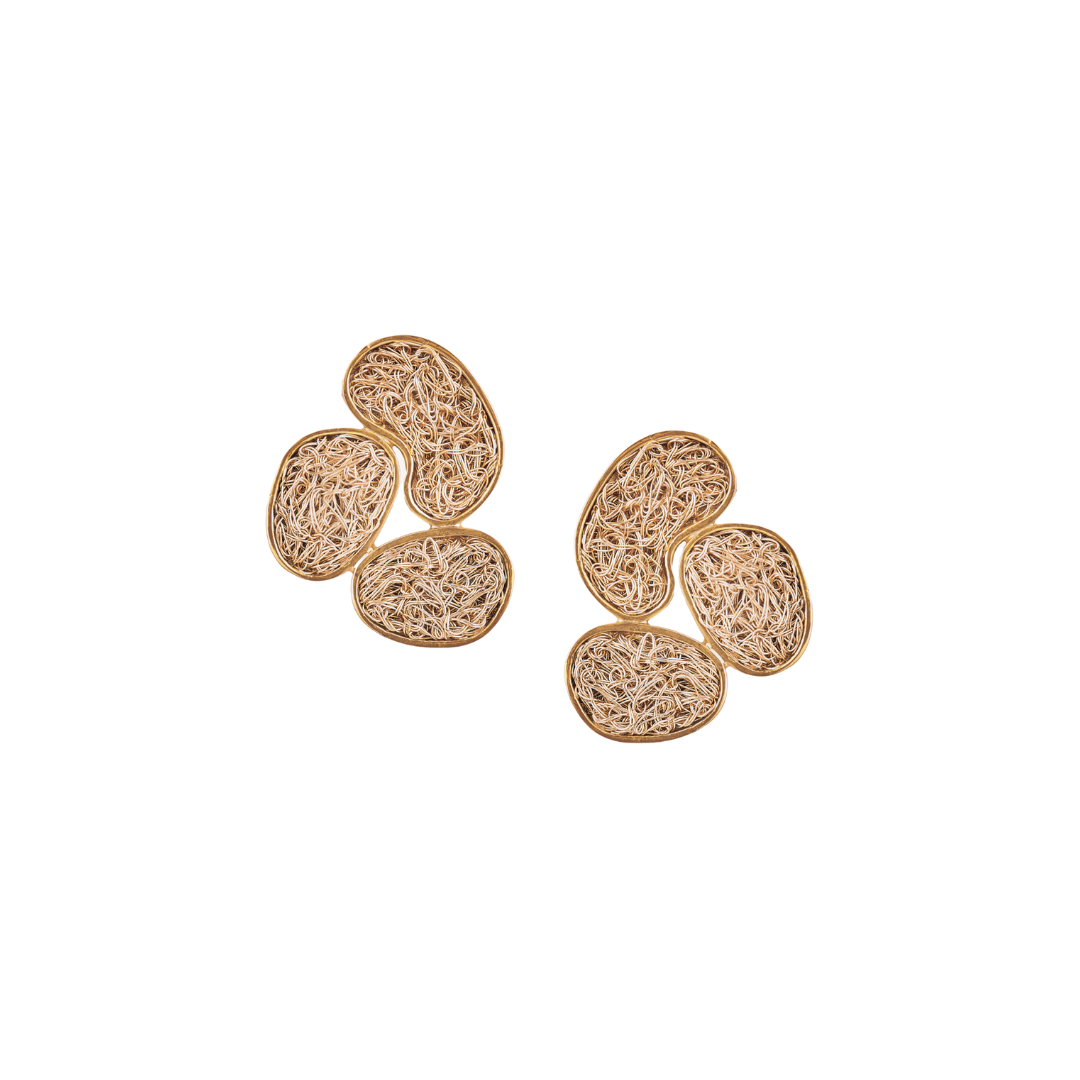 Dainty handcrafted gold earrings adorned with crochet patterns and subtle details.