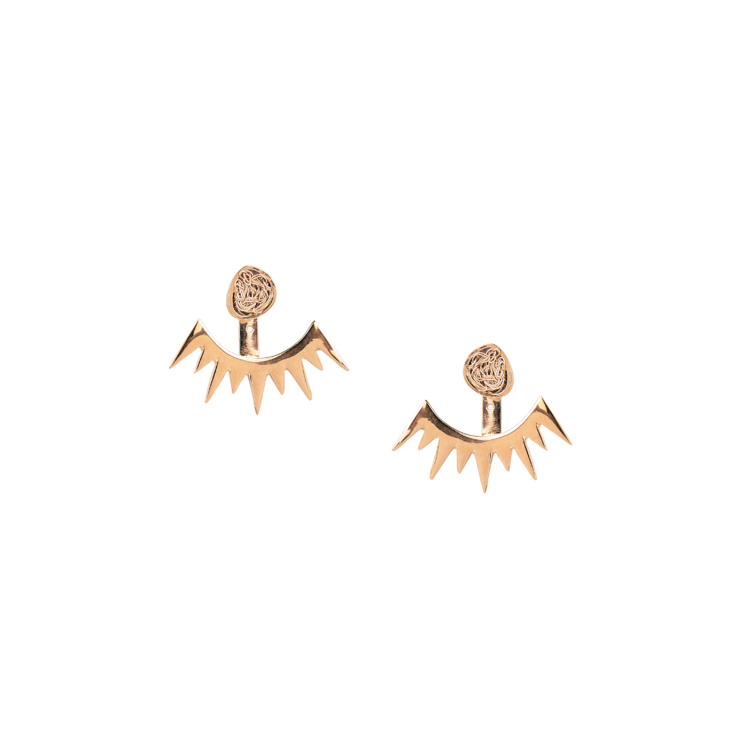 Gold organic shape earrings with ear jackets.