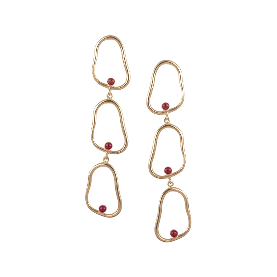 Handmade gold/red dangle earrings showcasing a blend of color and contemporary design