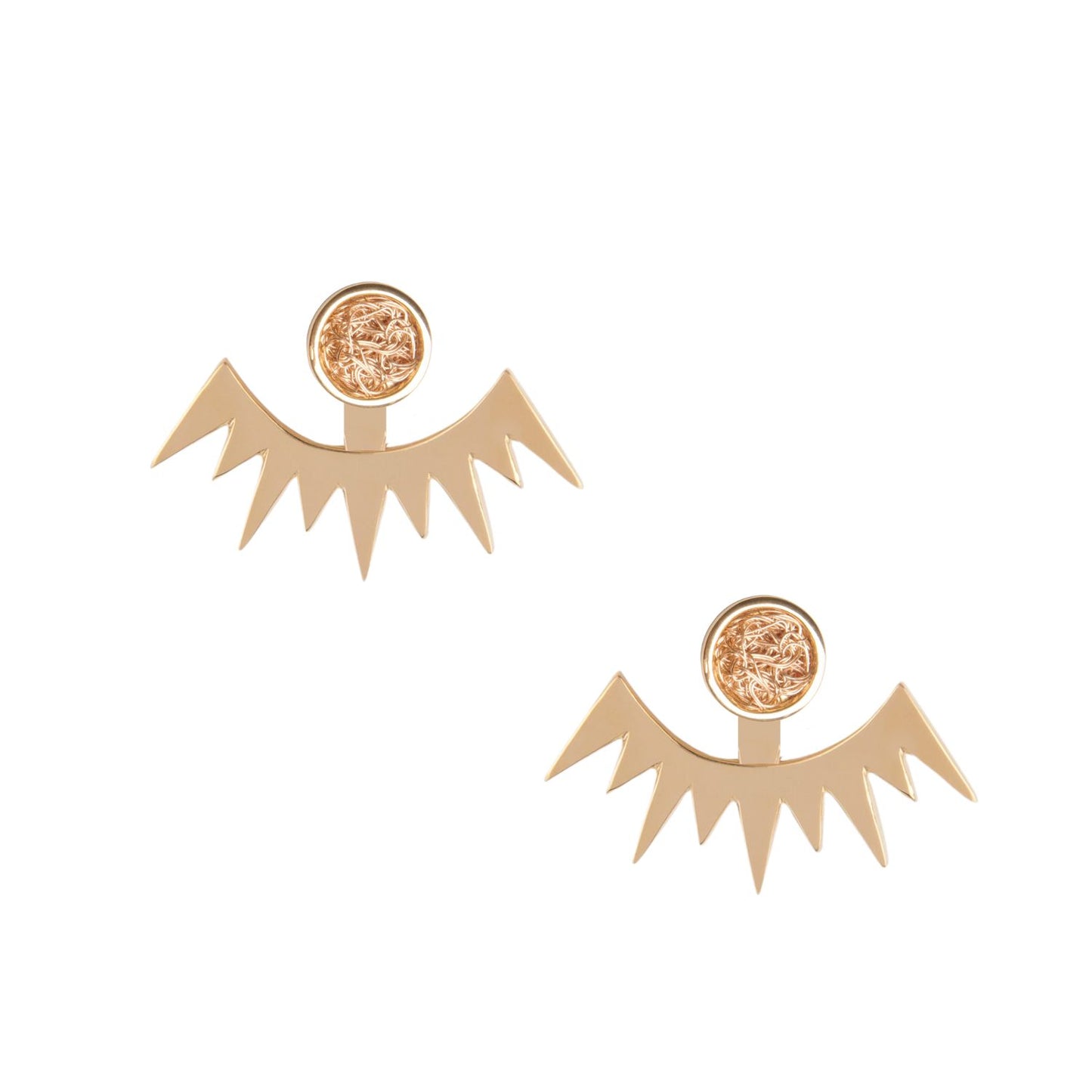 Stylish round stud gold earrings paired with detachable ear jackets for a dynamic and unique fashion ensemble.