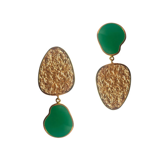 Handmade gold  and green earrings with intricate crochet detailing