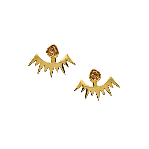 Gold organic shape earrings with ear jackets.