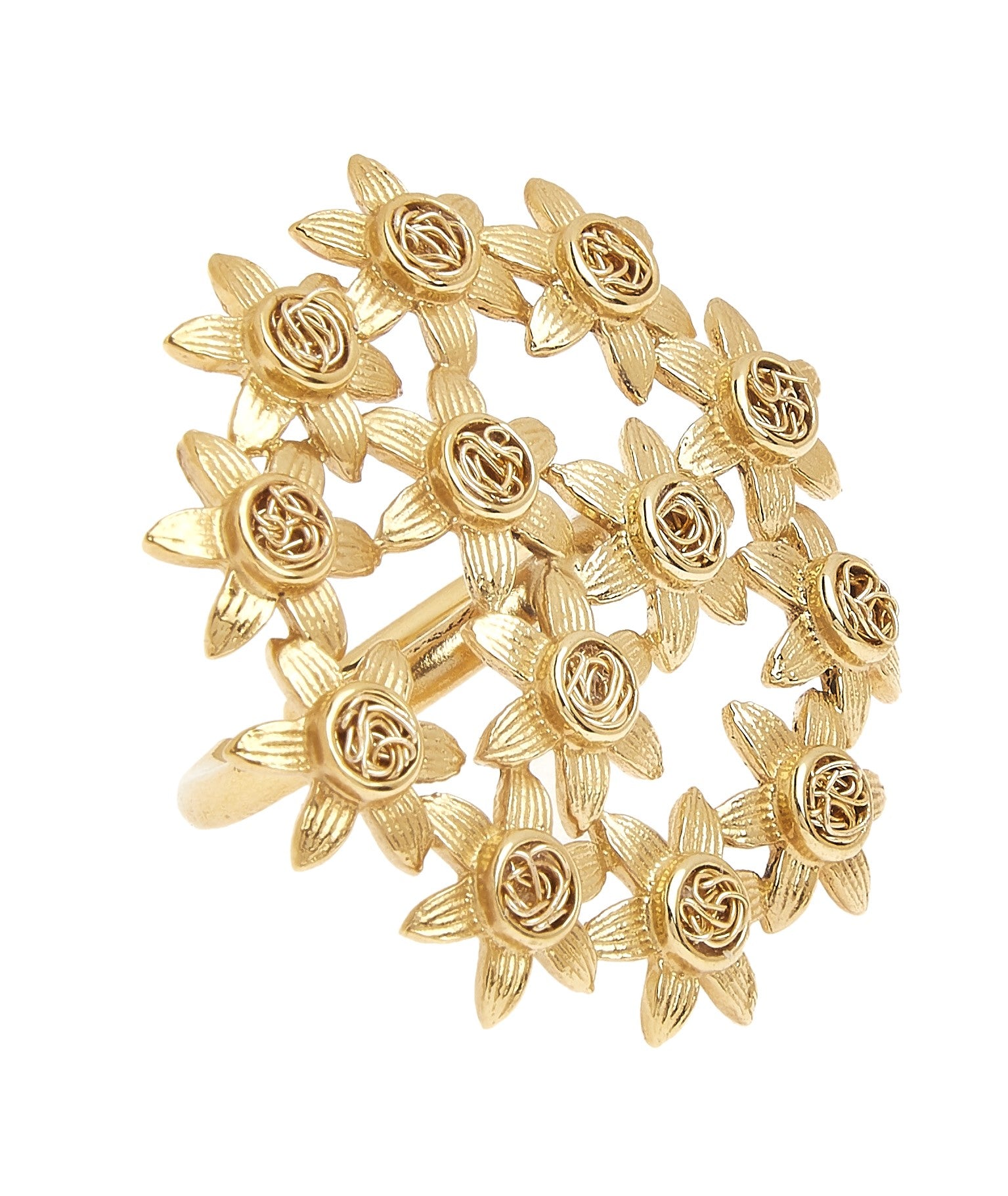 Bold and handcrafted chunky gold ring, showcasing a unique combination of flowers for a striking appearance.