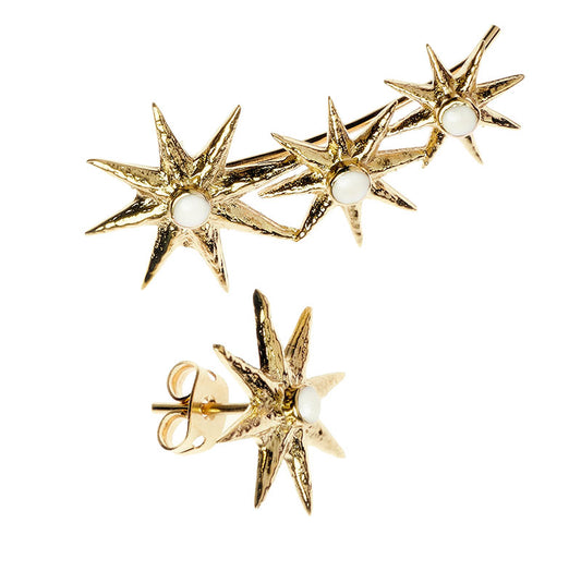 Intricately designed star ear climbers, each piece presenting a modern and distinctive style.