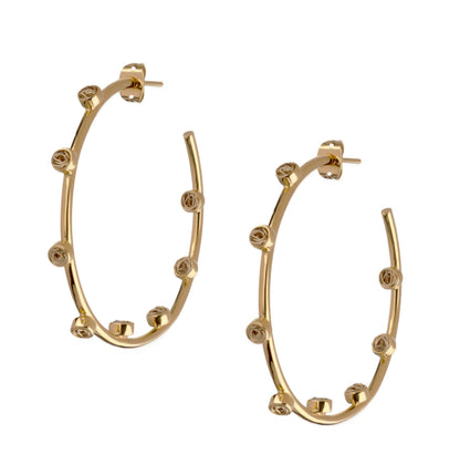 Stylish light gold hoop earrings with a blend of modern design elements and carefully woven crochet patterns.