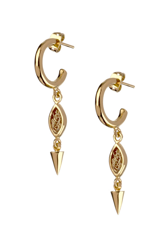 Small gold hoop earrings with a contemporary and modern design featuring intricate crochet details.