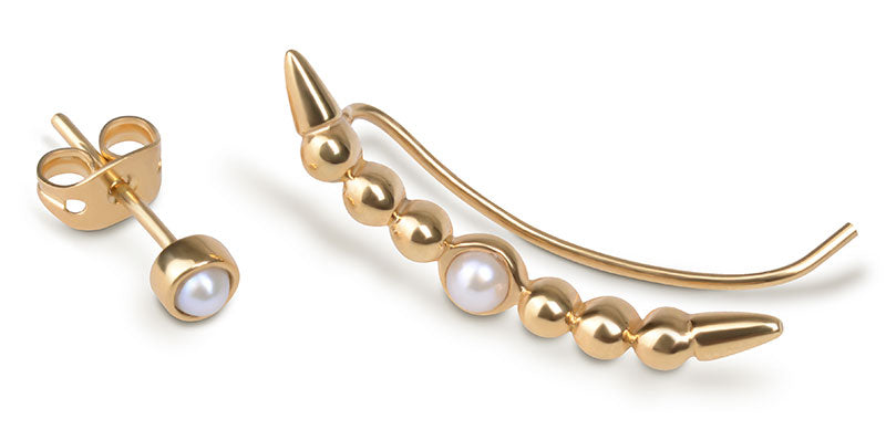 Small pearls ear climbers with a unique and contemporary design for an edgy, modern look.