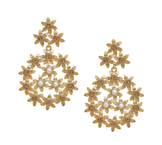 Handmade drop gold pearl earrings showcasing a unique flower pattern.