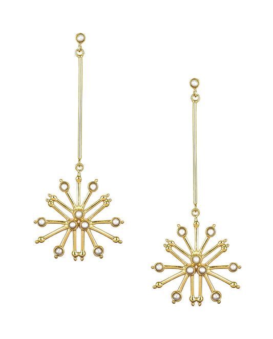 Handcrafted gold dangle pearl earrings with an elegant and intricate design.